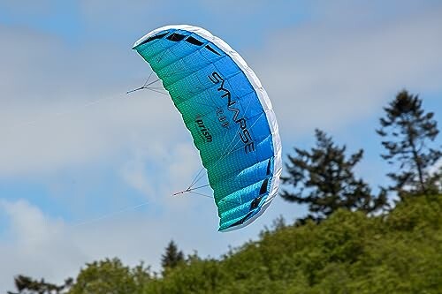 Blue and green kite flying in the sky above trees
