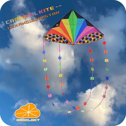 Colorful hexagonal kite flying against a cloudy sky
