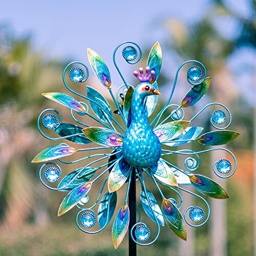 Colorful peacock garden spinner with decorative feathers