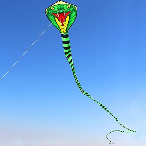 Green snake-shaped kite flying in blue sky