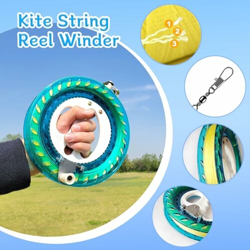 Kite string reel winder with hand grip and close-up features.