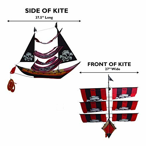 Pirate ship kite with skull design, side and front views